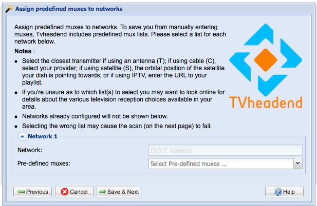 Tvheadend Wizard - Mux configuration