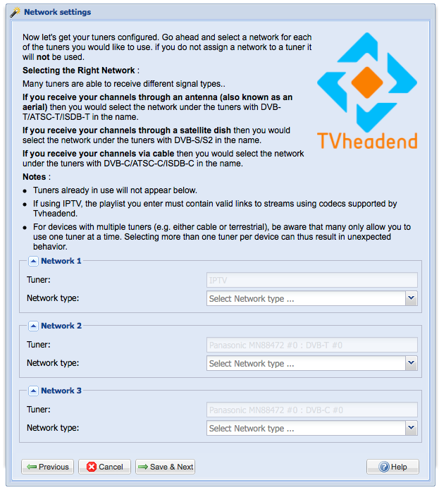 Tvheadend Wizard - Tuner configuration